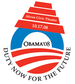 Obama campaign logo in red and blue superimposed with DEVO flowerpot hat in red, with announcement of an event at the Akron Civic Theatre on October 17, 2008. Black text spells Obama '08 and Duty Now for the Future.