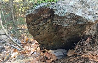 A large boulder. Beneath it is a geocache container.