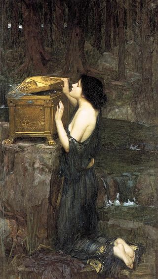 John William Waterhouse painting of Pandora. A young woman in profile, dark-haired and partially clothed in black, kneels barefoot with face uplifted as she opens an ornate, golden chest in a nighttime woodland.