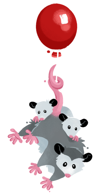 A possum parent hanging by its tail from a red balloon. Two possum kits hold on, appearing apprehensive.